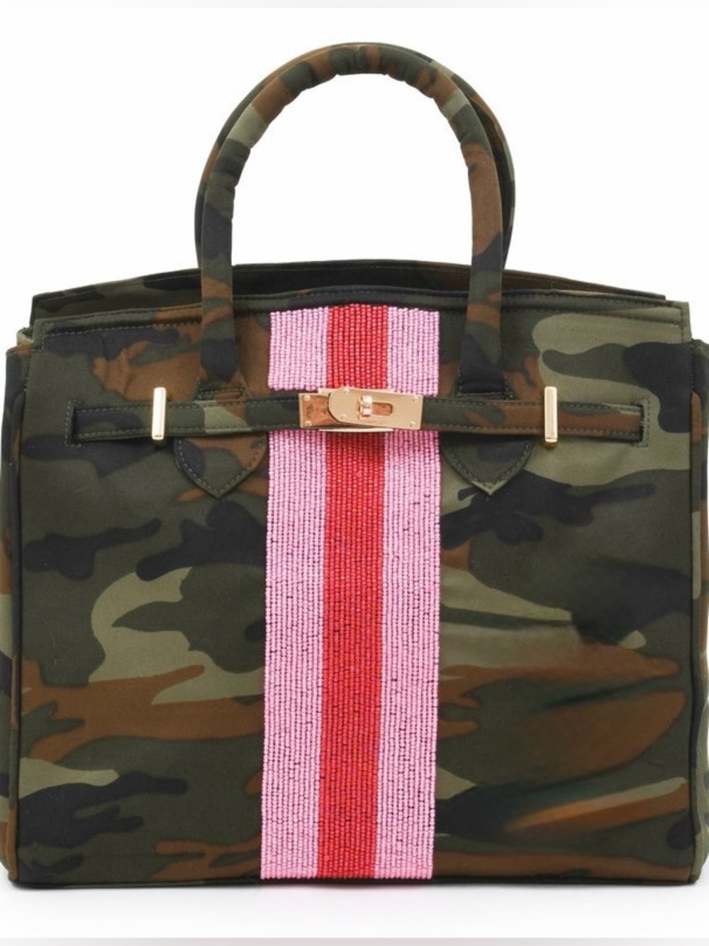 Tiana, Camo Tote with Beaded Pink & Red Stripe, Green, OS